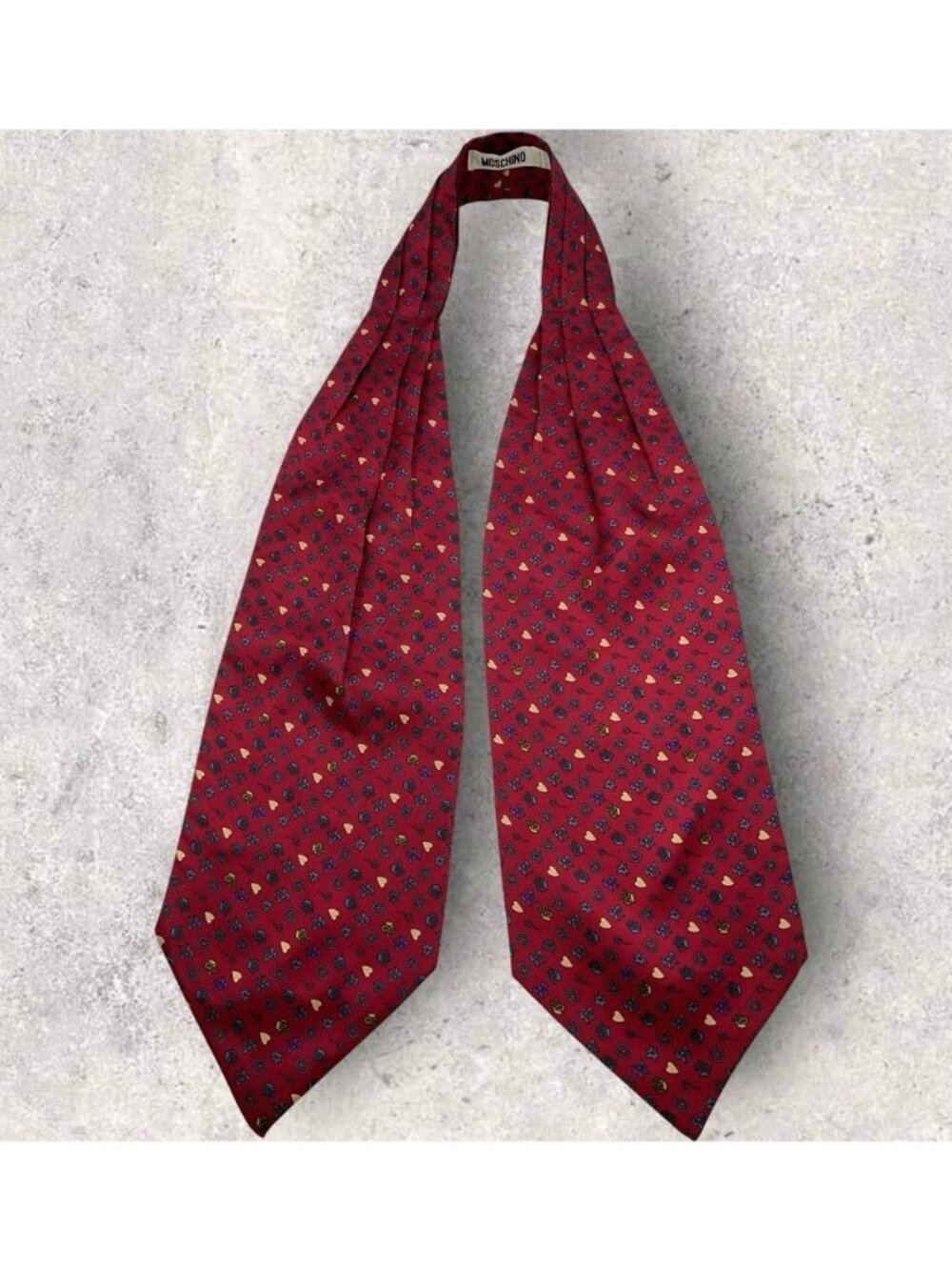 MOSCHINO Silk Ascot Cravat ITALY Burgundy Blue Beige Heart Logo EUC